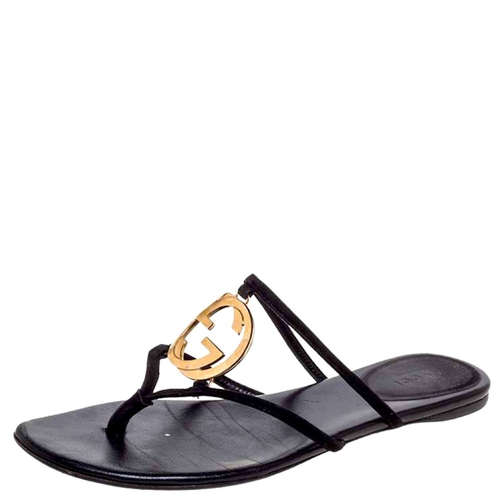 Gucci Black Suede GG Interlocking Strappy Flat Sandals